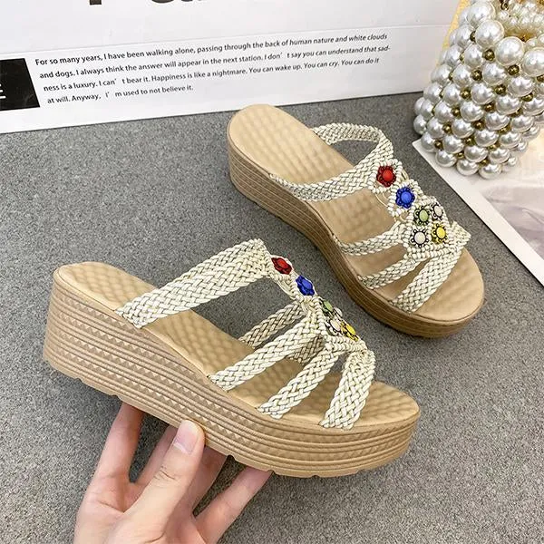 Women's Retro Bohemian Braided Beaded Wedge Slippers 70398983S