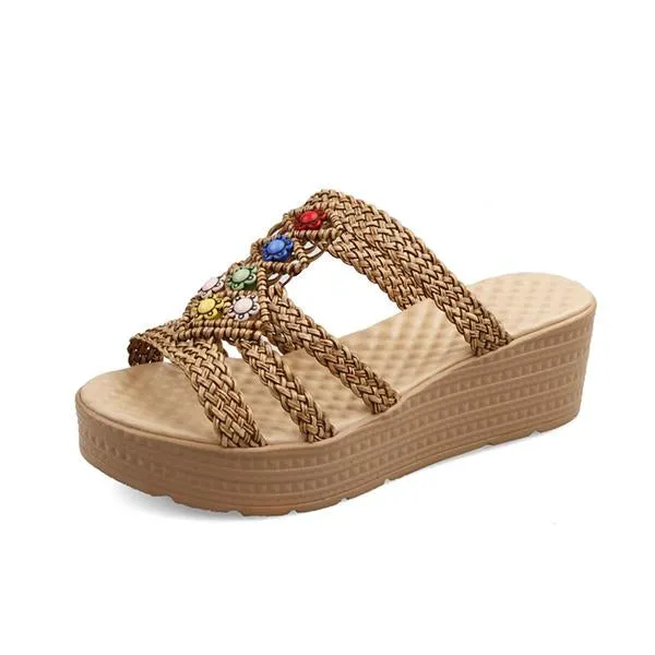 Women's Retro Bohemian Braided Beaded Wedge Slippers 70398983S