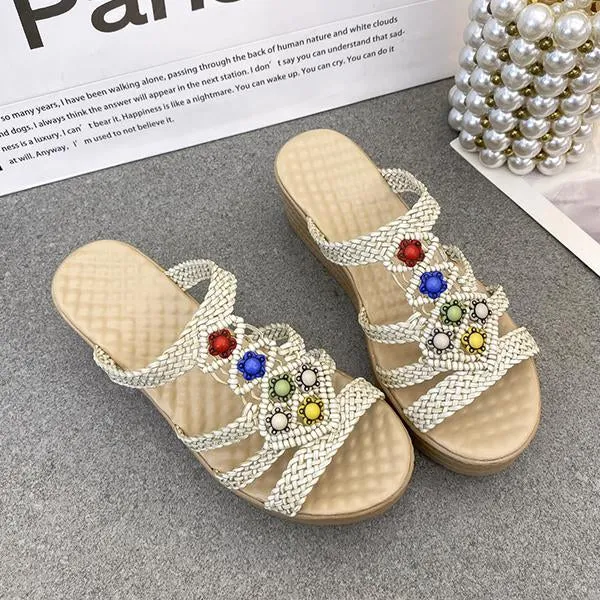 Women's Retro Bohemian Braided Beaded Wedge Slippers 70398983S