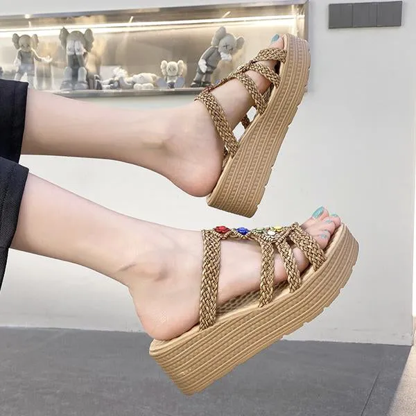 Women's Retro Bohemian Braided Beaded Wedge Slippers 70398983S