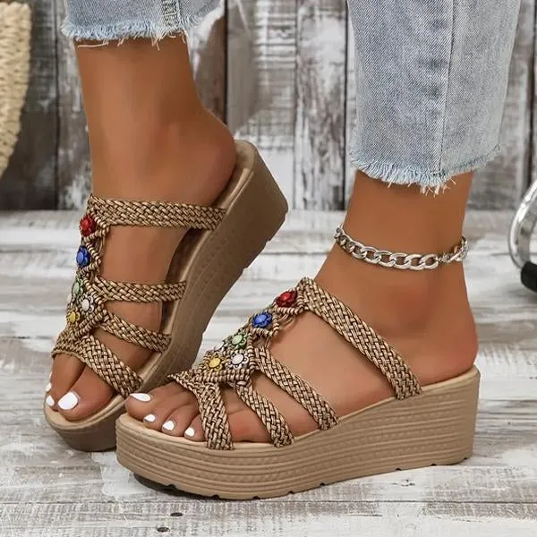 Women's Retro Bohemian Braided Beaded Wedge Slippers 70398983S