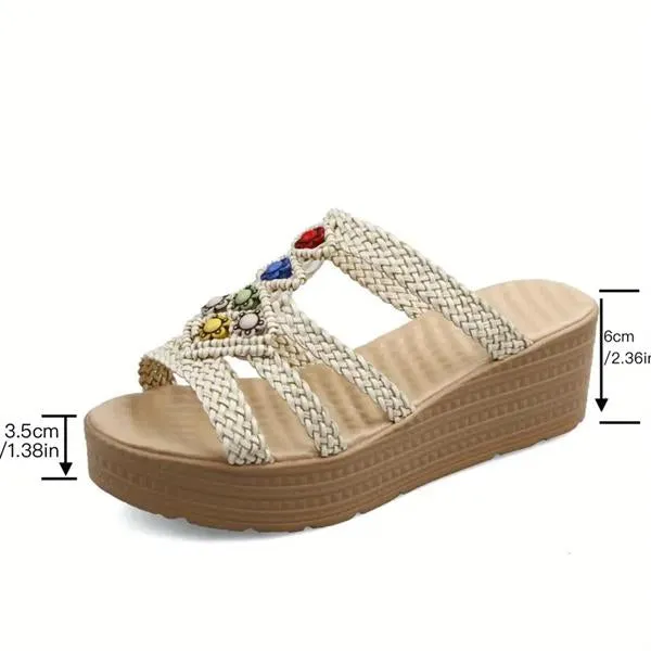 Women's Retro Bohemian Braided Beaded Wedge Slippers 70398983S