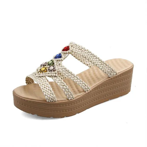 Women's Retro Bohemian Braided Beaded Wedge Slippers 70398983S