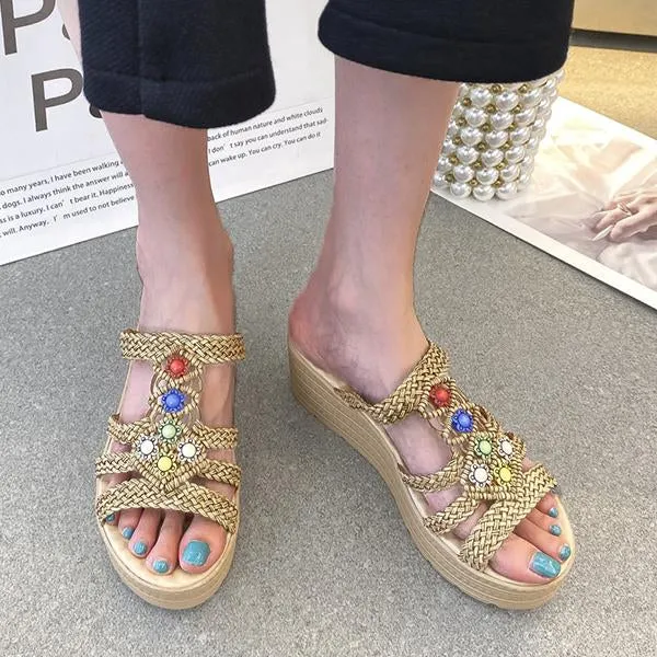 Women's Retro Bohemian Braided Beaded Wedge Slippers 70398983S