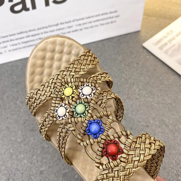 Women's Retro Bohemian Braided Beaded Wedge Slippers 70398983S